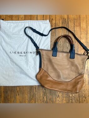 Liebeskind Berlin Tan & Blue Leather Crossbody Tote Bag
